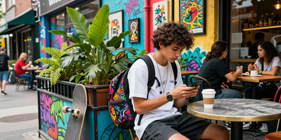 Youth in trendy streetwear enjoying coffee at a café, embracing Motchill culture in a vibrant urban setting.