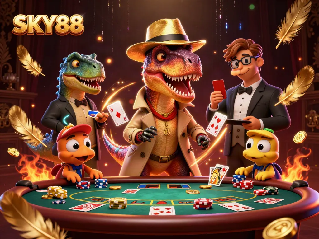 Engage with immersive gameplay at SKY88 featuring a velociraptor card counter at a live casino.