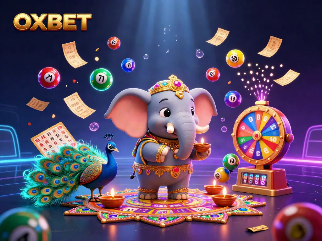 Experience exciting gaming with OXBET's vibrant scene featuring colorful lottery elements and celebratory decorations.