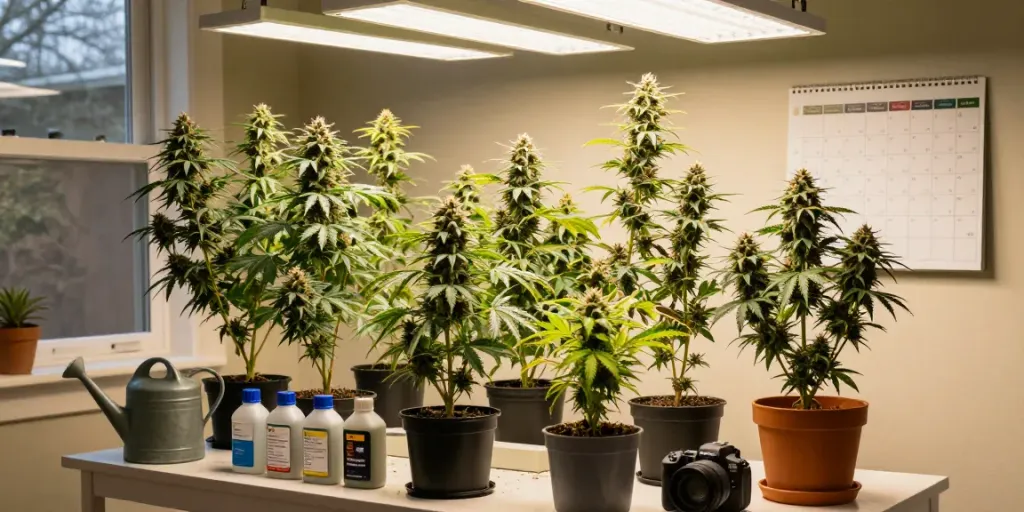 Vibrant autoflower seeds cultivation scene with lush plants and grow lights.