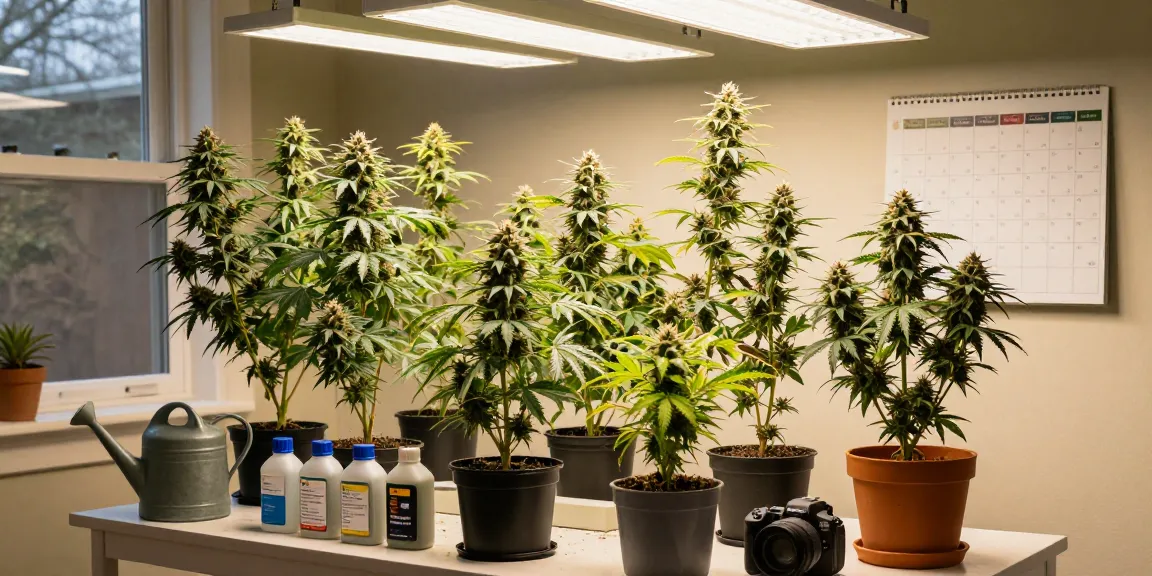 Vibrant autoflower seeds cultivation scene with lush plants and grow lights.