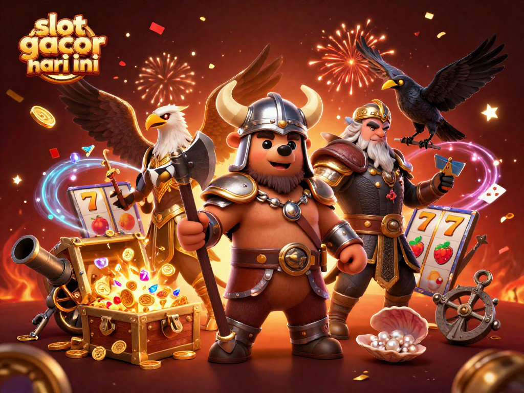 Engage in slot gacor hari ini with a vibrant 3D scene portraying rich casino elements and lively characters.