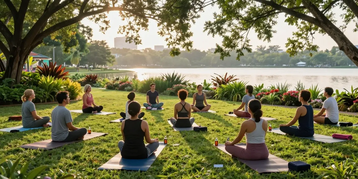 Buds UK natural wellness scene featuring group yoga with CBD oil products, enhancing health benefits and tranquility.