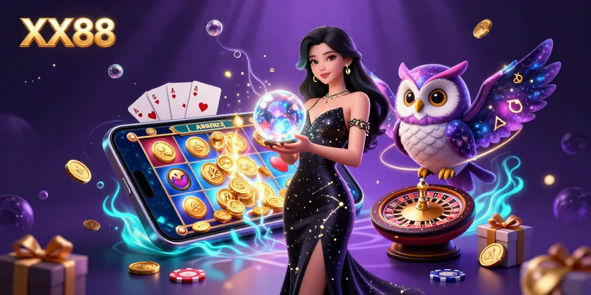 Experience thrilling gameplay at XX88 with a stunning illustration of gaming elements and mystical characters.