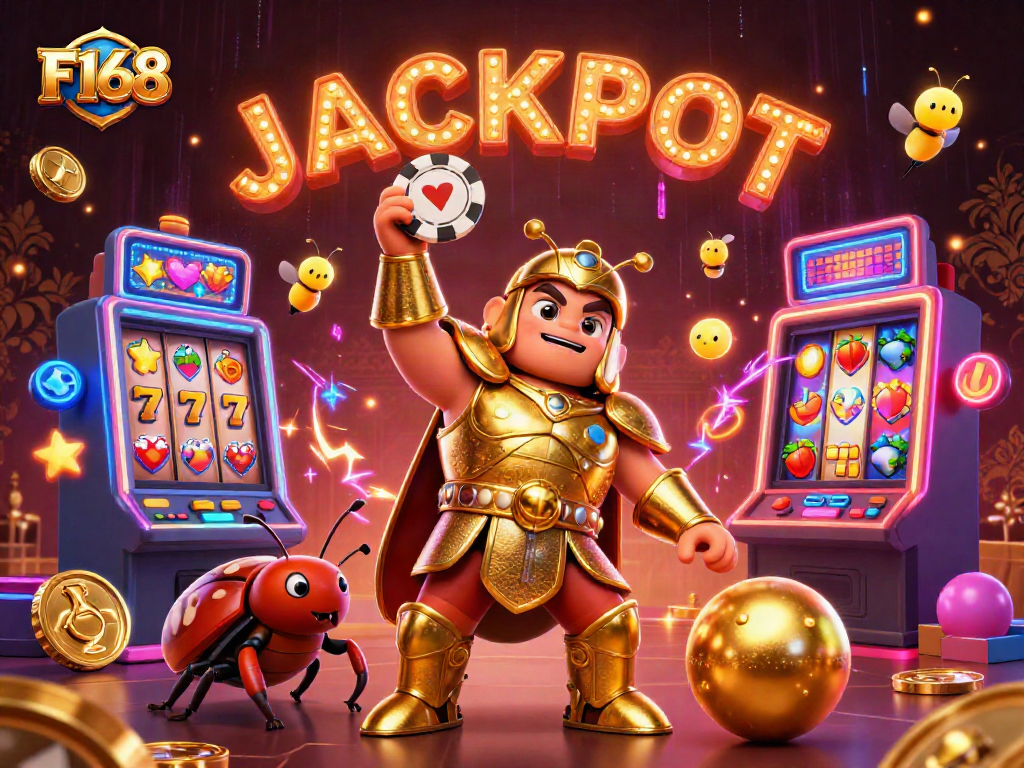 Engage with the F168 jackpot scene featuring beetles and vibrant casino elements, celebrating wins.