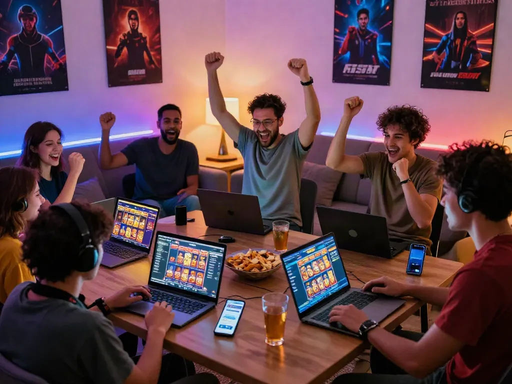 Players engaging with slot88 games in a lively gaming room, celebrating wins and enjoying snacks.