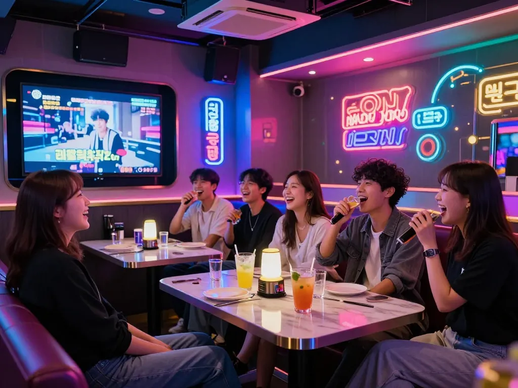 Dynamic 제주유흥 nightlife scene capturing friends enjoying karaoke at a stylish bar with neon lights.