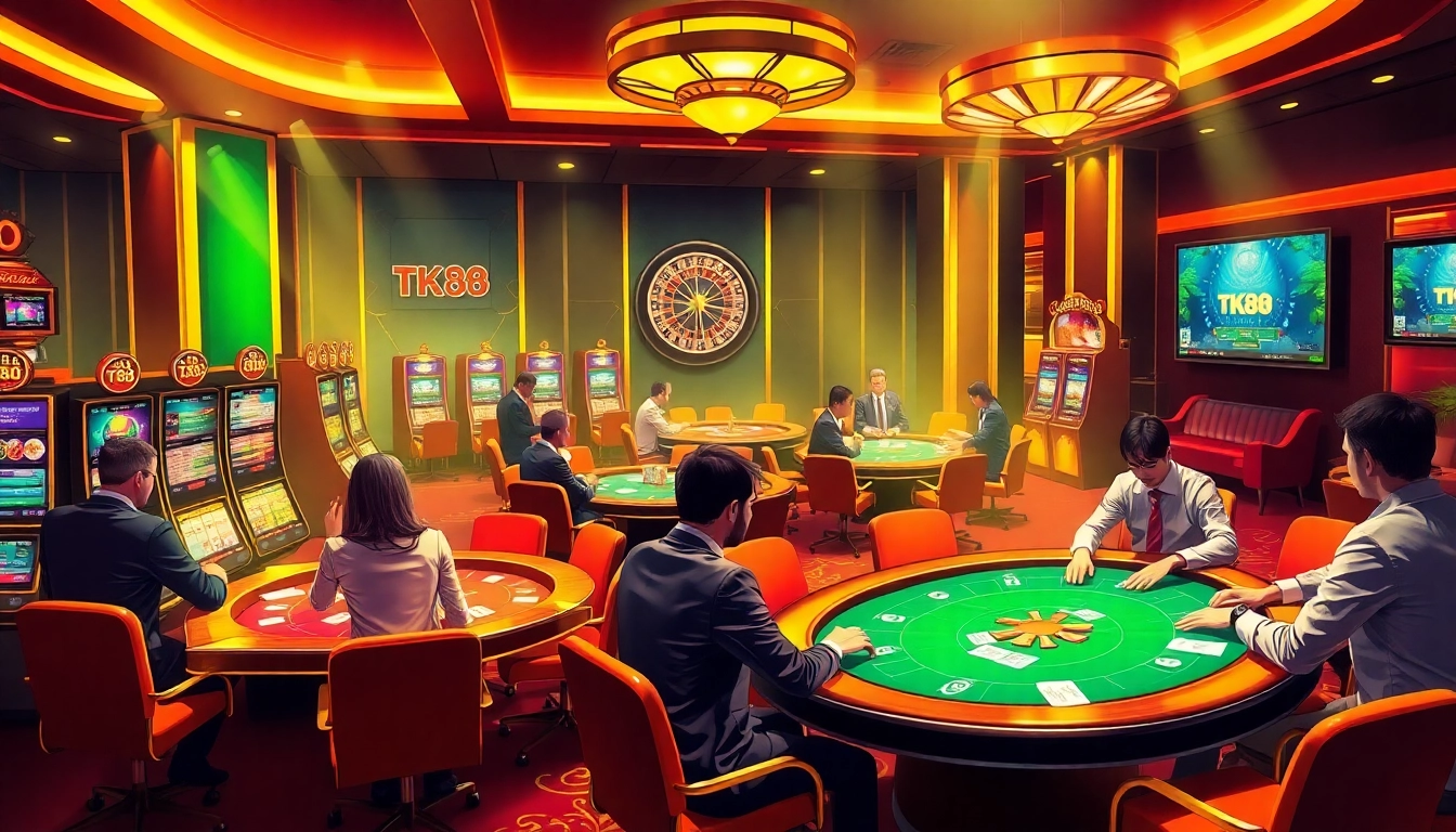 Experience the excitement of Tk88 chính thức with immersive casino scenes featuring poker, slots, and roulette.