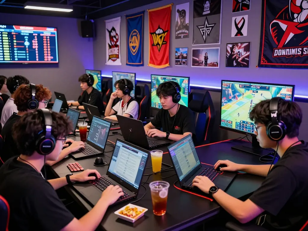 Esports betting Singapore scene with gamers focused on live matches and odds in a vibrant lounge.