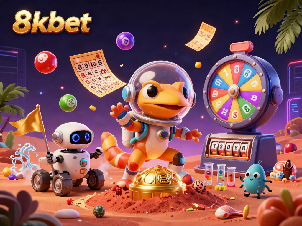 Experience the dynamic fun of gambling with 8xbet's vibrant 3D Martian casino scene.