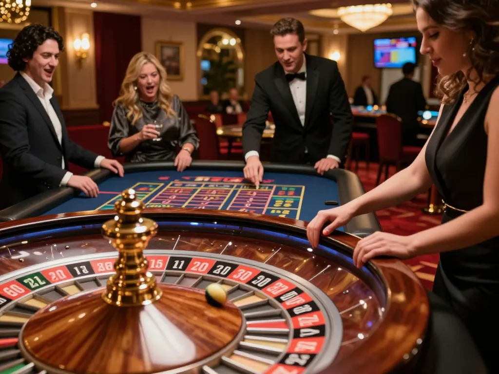 go8 roulette action with players placing bets and ball spinning in an upscale casino setting