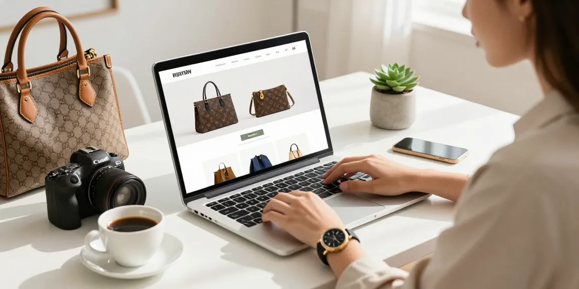 Individual exploring stylish 레플리카 products on a modern e-commerce website in a bright workspace.