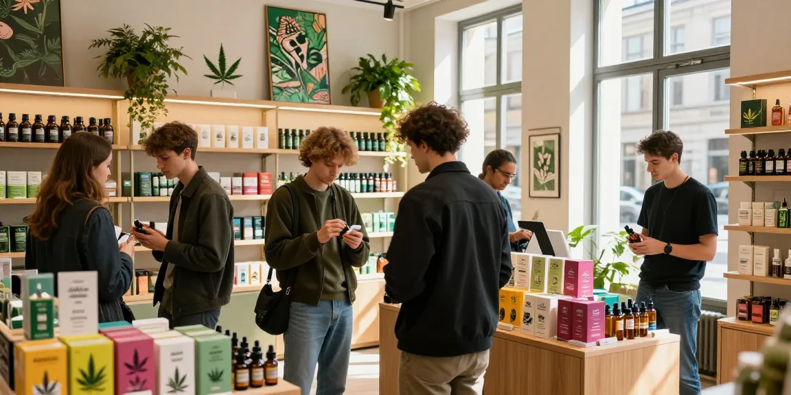 Exploring cannabis products in a trendy shop in München, highlighting vibrant displays and customer interactions.