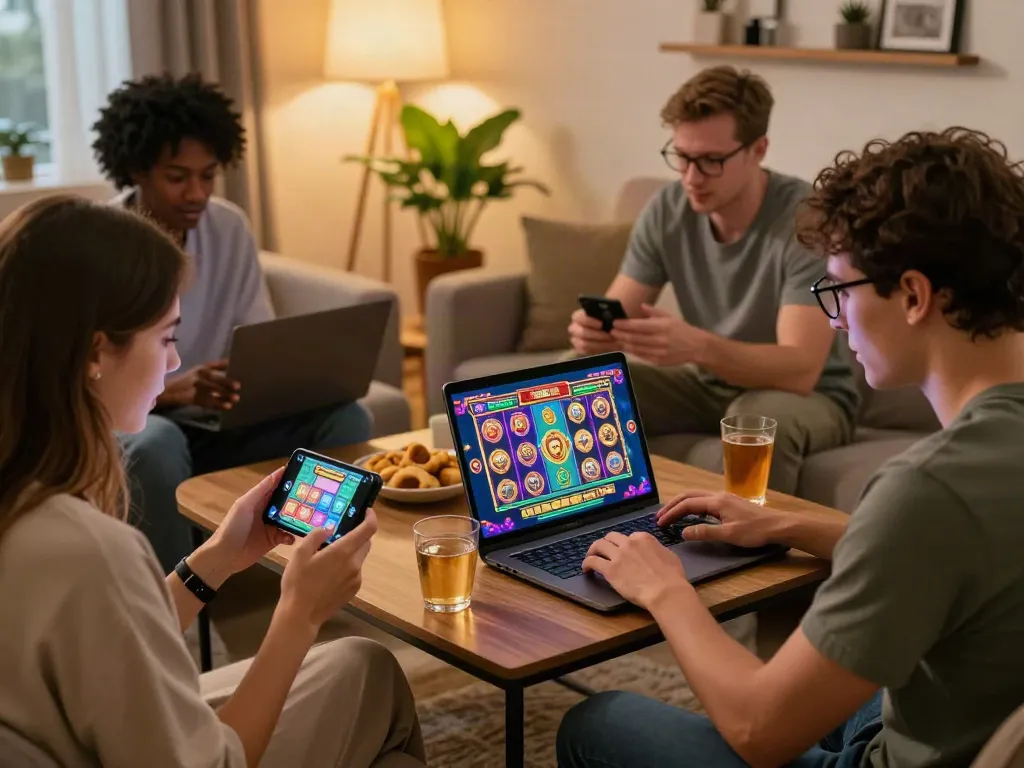Players enjoying captivating slot games on various devices in a cozy living room environment