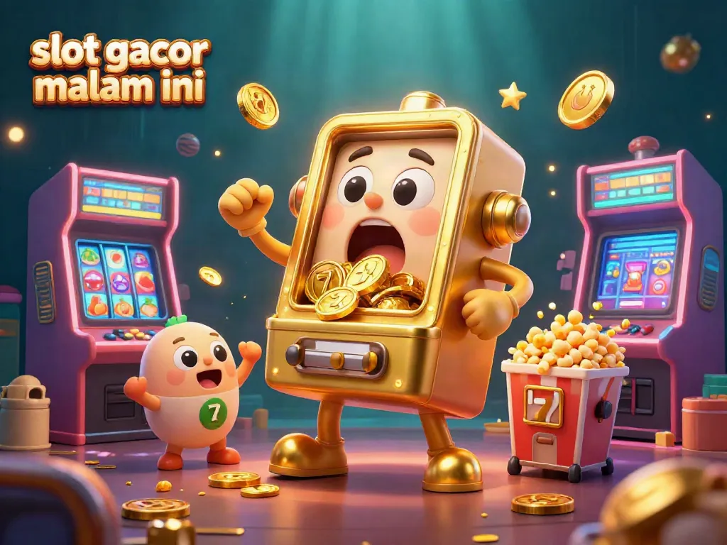 Engaging scene of slot gacor malam ini featuring a joyful golden slot machine hitting the jackpot amidst vibrant casino elements.