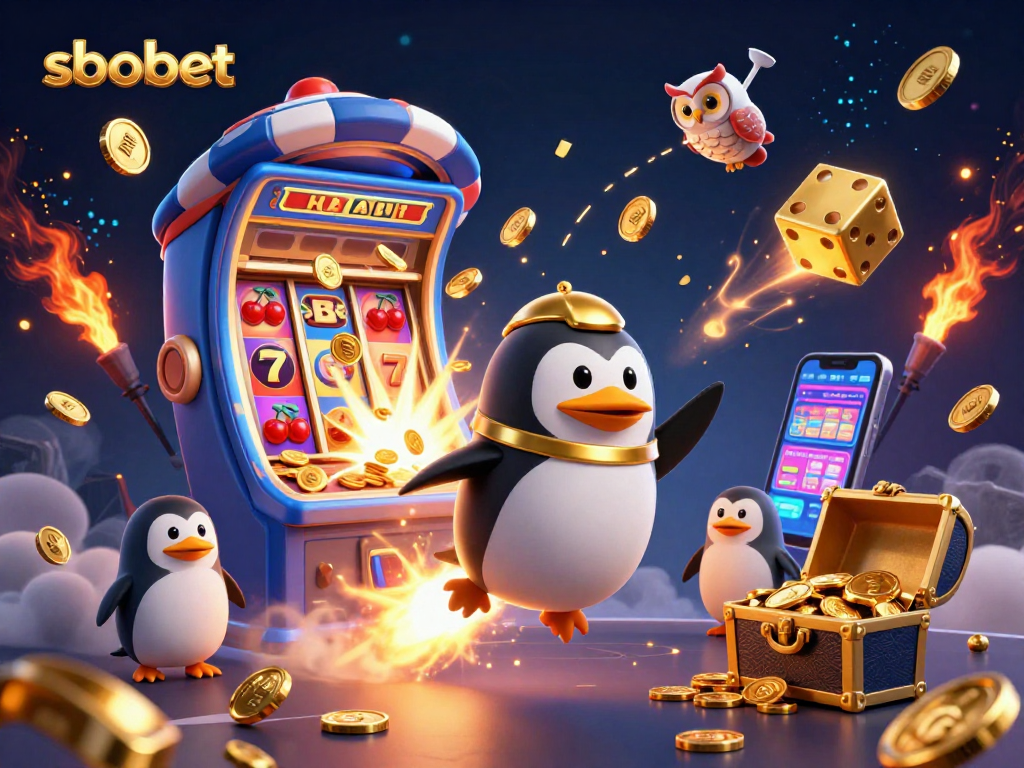 Experience sbobet's excitement as a golden penguin rockets towards a dazzling casino space station.