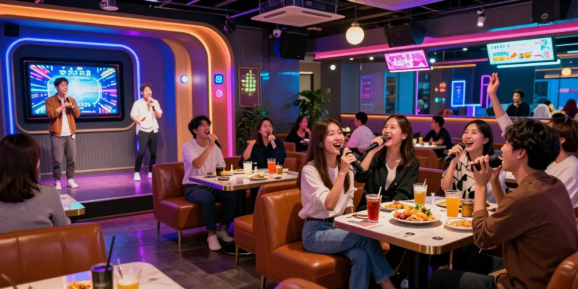 Enjoying 제주유흥 in a lively karaoke venue with friends surrounded by colorful lights.