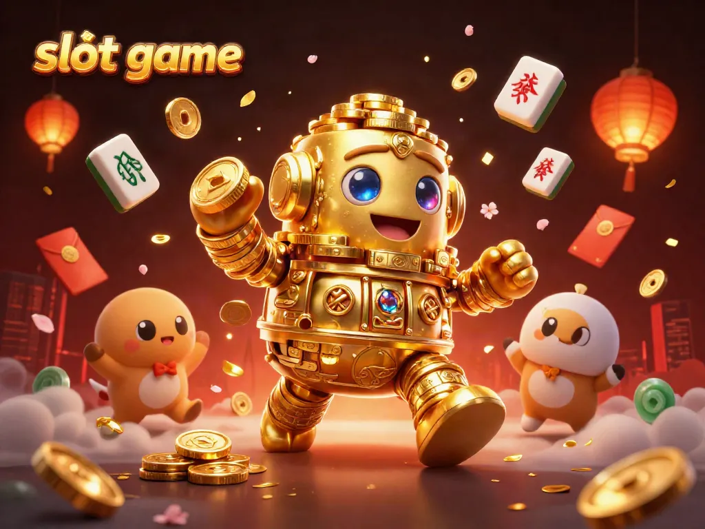 Permainan slot terinspirasi dari golem emas dan simbol mesin slot dengan elemen meriah.