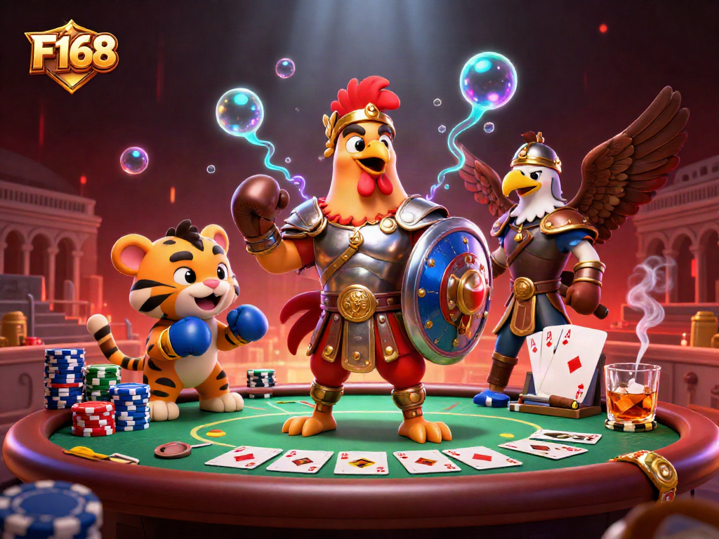 Join the excitement of F168 with a lively poker scene featuring a gladiator-themed 3D illustration.