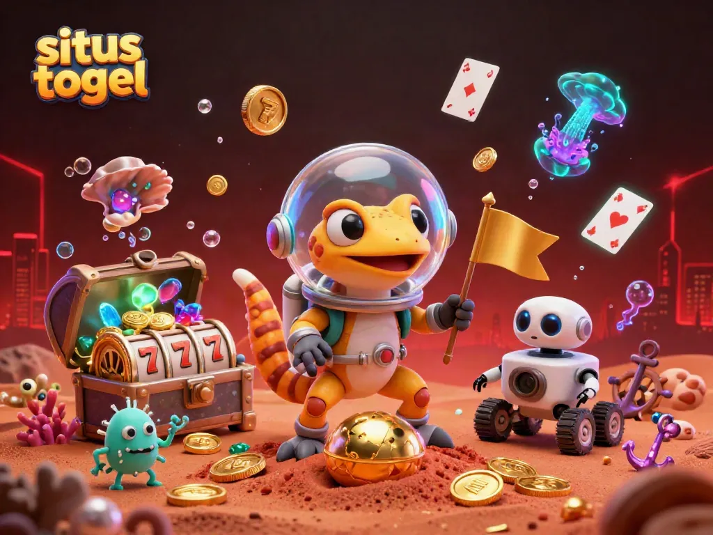 Situs togel showcasing a Martian gecko uncovering a treasure-filled casino on Mars.