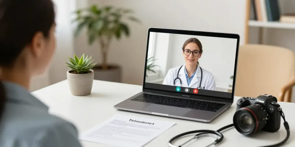 Medical card online consultation with a doctor via video, bright home office.
