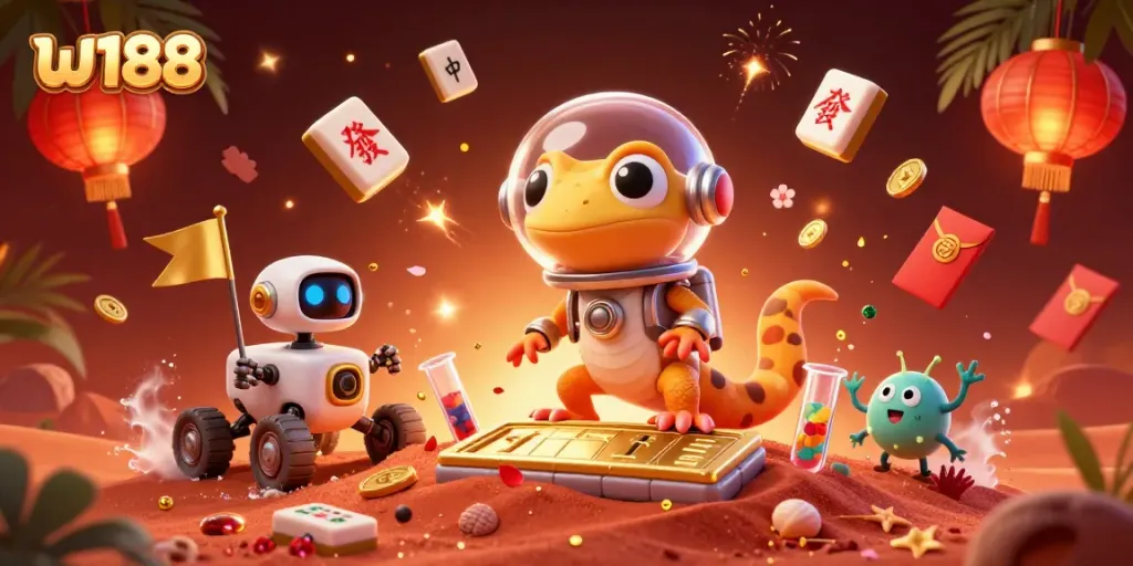 Engage with the vibrant gambling world of w188 in an animated scene full of excitement and fun elements.