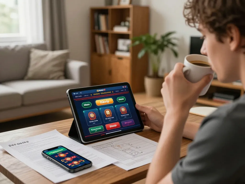 Engaging with rikvip casino app on tablet in a cozy home environment, showcasing responsible gaming.