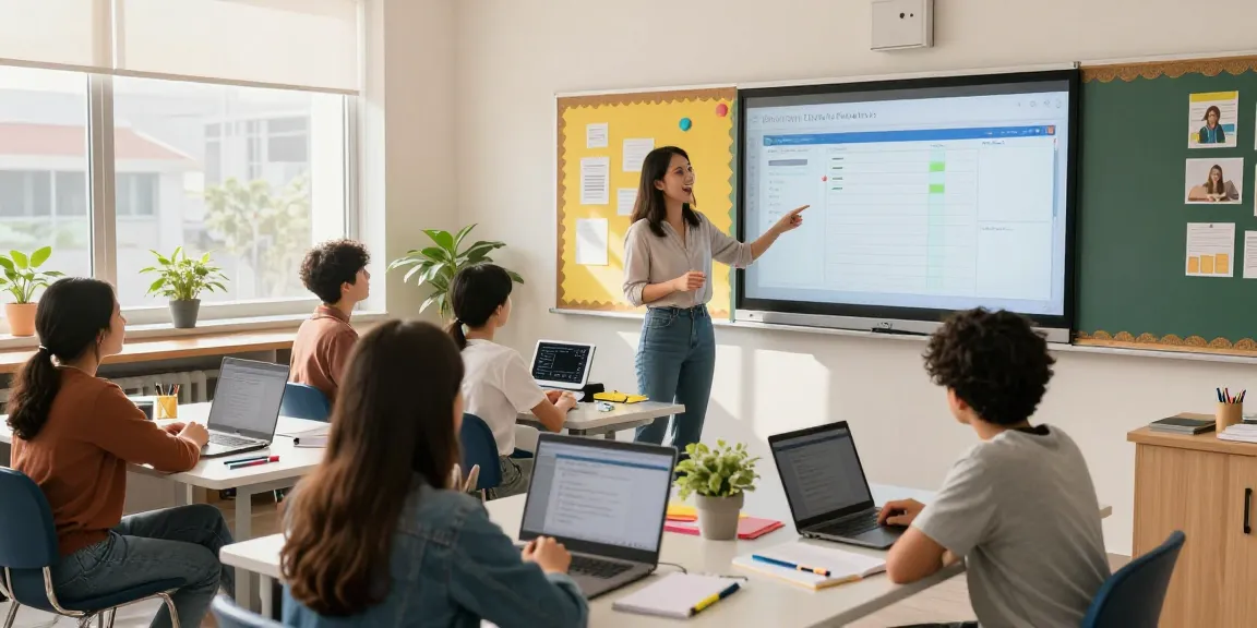 Dynamic classroom scene with teacher using EMStudio, an online teacher planner, interacting with students and modern tech.