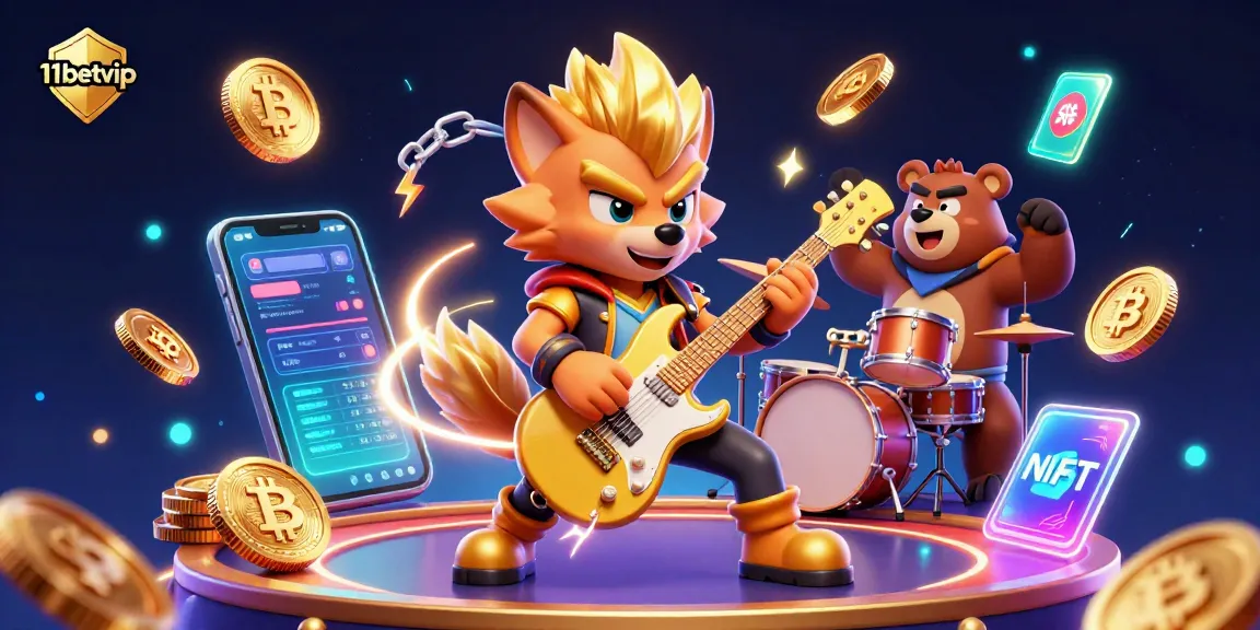 Engage with 11betvip's vibrant casino scene featuring a rock star wolf and crypto motifs.