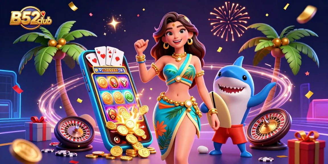 B52club offers thrilling casino action with a glamorous woman, a surfing shark, and dynamic game elements.