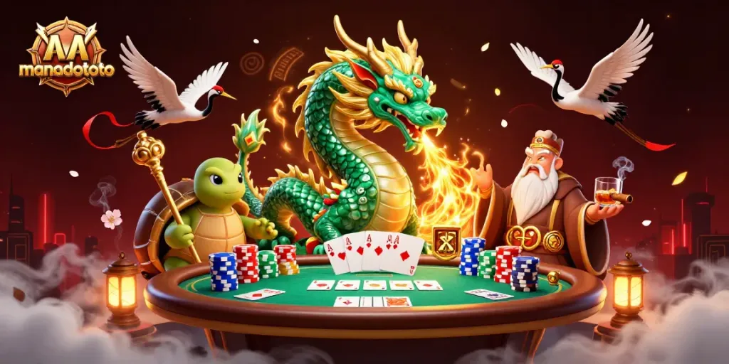 Experience thrilling gameplay with manadototo, featuring a vibrant scene of casino elements and mythical creatures.