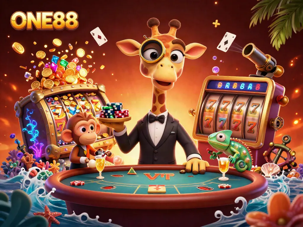 Experience the thrill of ONE88 with a colorful casino scene featuring a high-roller giraffe at the poker table.