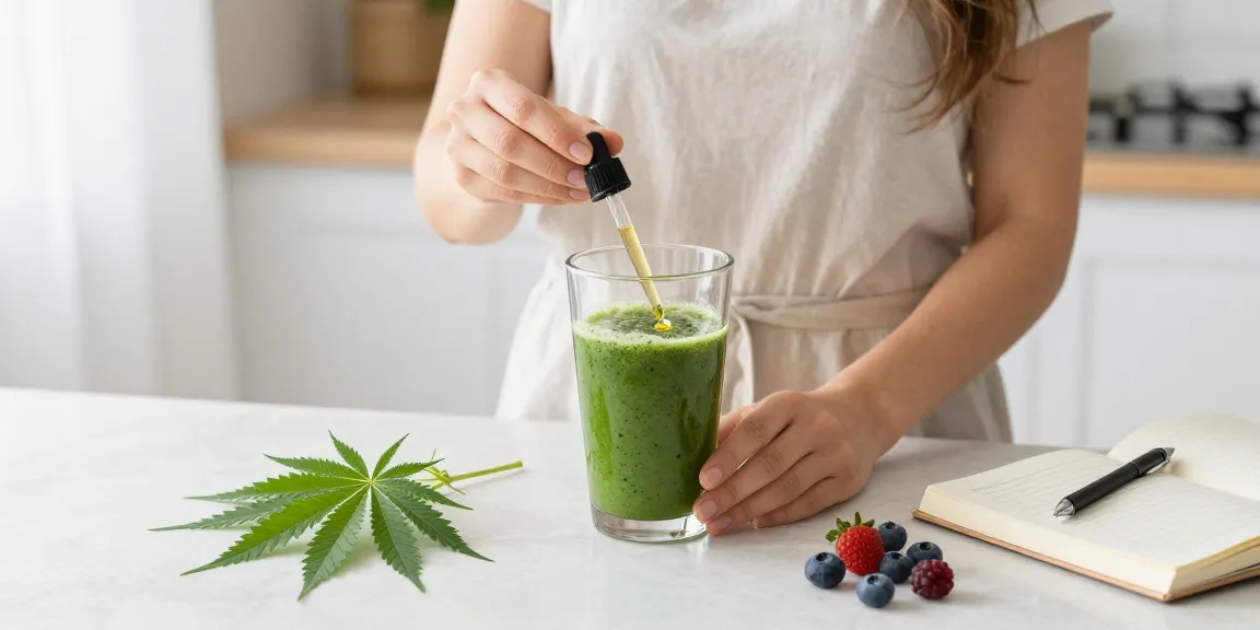 Comprar cbd online: Aceite de CBD en cocina luminosa junto a ingredientes naturales y diario de bienestar.