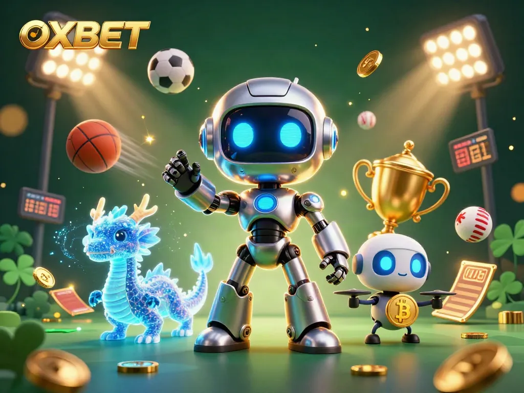 Experience the thrill of betting on sports with OXBET's dynamic 3D illustration featuring energetic robots.