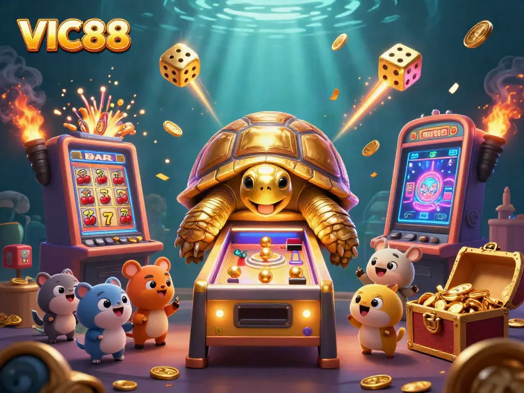 Experience the excitement of VIC88 with a vibrant casino scene showcasing slot machines and fun characters.