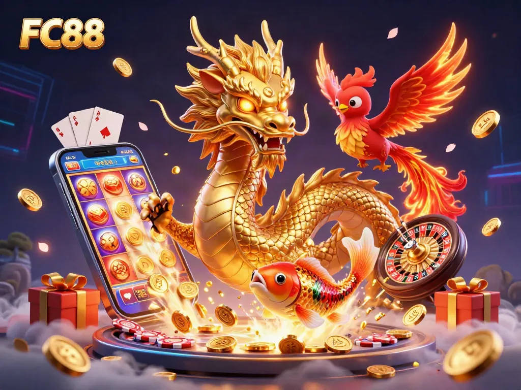 Join the vibrant gaming world of FC88 with an epic dragon scene featuring golden koi, dynamic casino elements.