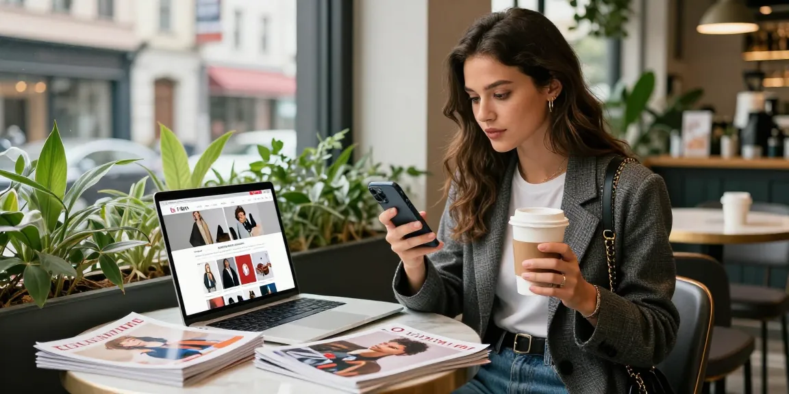 Young woman exploring 레플리카 쇼핑몰 options at a trendy café, stylish outfit and smartphone in hand.