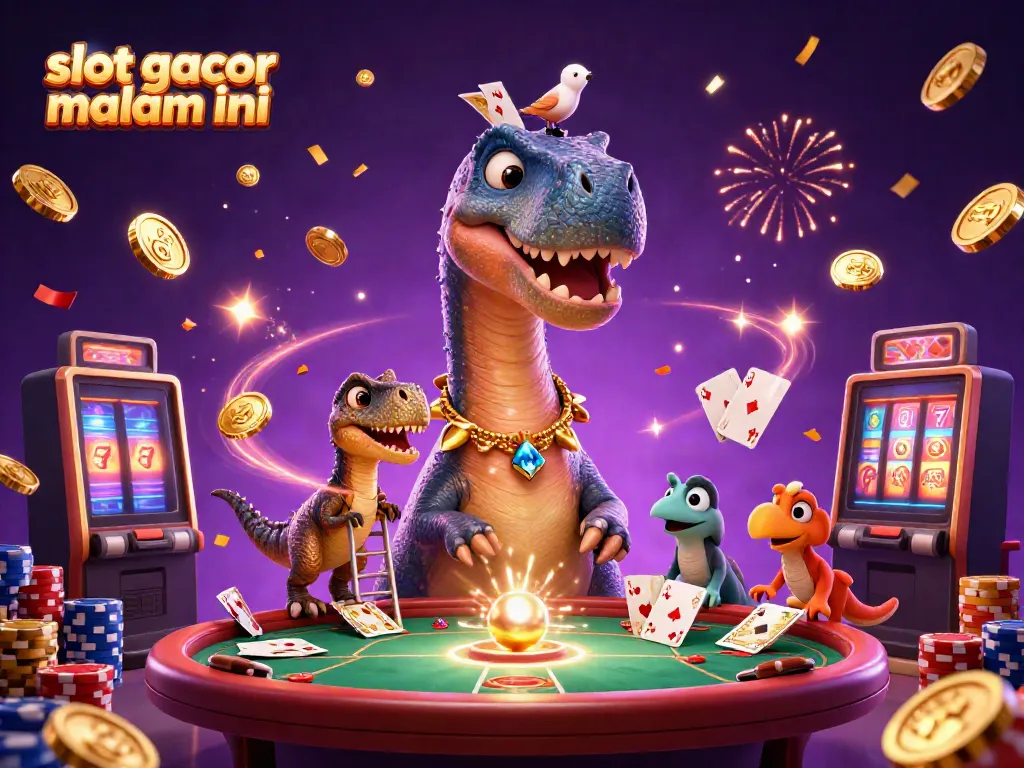 Slot gacor malam ini menampilkan ilustrasi kasino 3D yang memukau dengan karakter dinosaur dan elemen permainan.