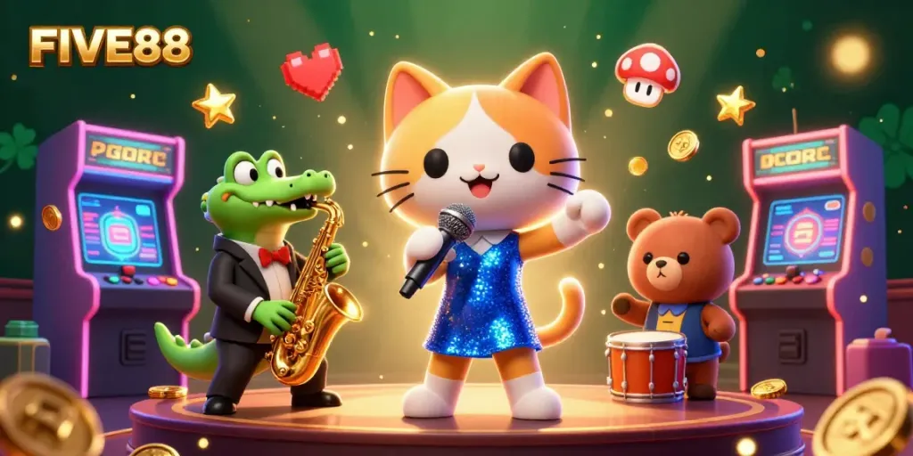 Engage with the vibrant world of FIVE88 casino gaming as a jazzy cat sings on stage with animated characters.