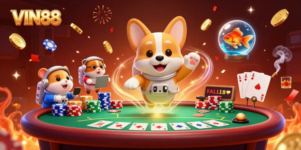 Experience thrilling gameplay at VIN88 with a floating casino scene featuring exciting poker action and colorful chips.