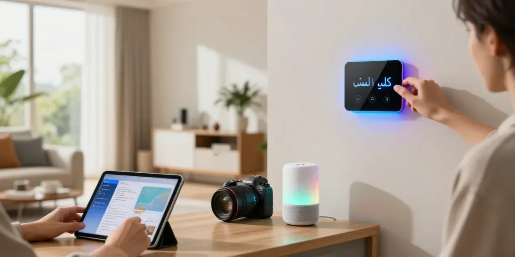 Sleek کلید لمسی in a modern living room controlling smart lighting