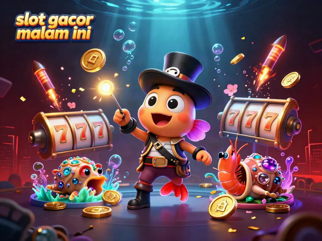 Ilustrasi slot gacor malam ini dengan makhluk laut bersemangat menarik koin emas.