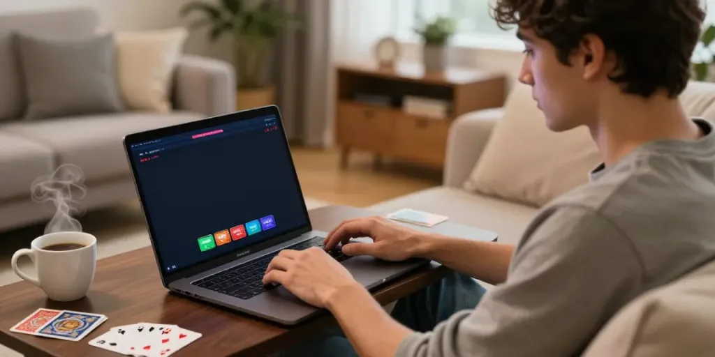 Engaged player exploring online casinos that accept credit cards on a laptop in a cozy home environment.