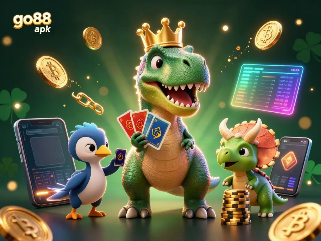 Engage with go88 apk gaming as a T-Rex shuffles cards alongside a triceratops stacking chips amidst digital currency.