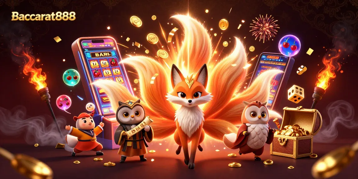 Baccarat888 delivers dynamic gameplay with a vibrant fox spirit and owl, showcasing thrilling winning moments and colorful casino elements.