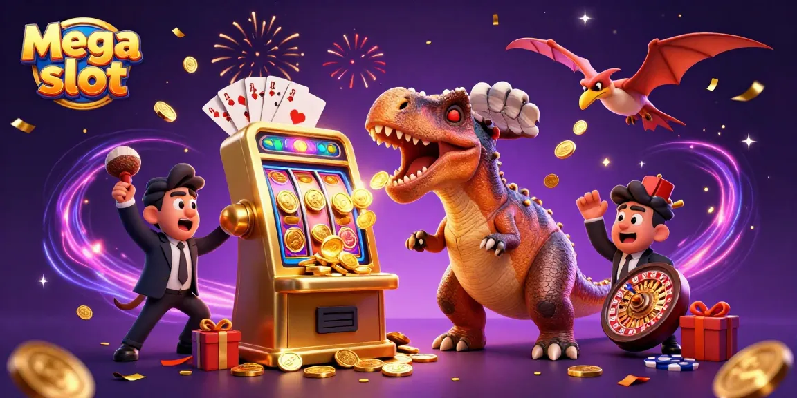 Permainan mega slot dengan dinosaur 3D dan mesin slot menghasilkan koin jackpot yang berkilauan.