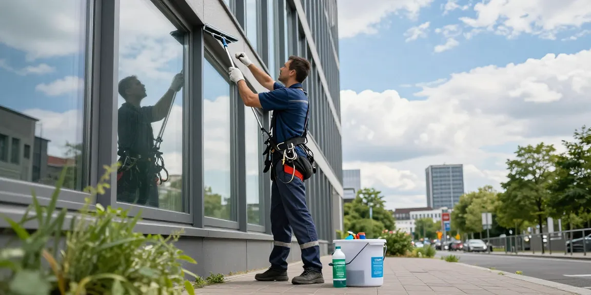 Professioneller Reinigungsdienst Dortmund reinigt Fenster in Hochhaus mit umweltfreundlichen Reinigungsmitteln.