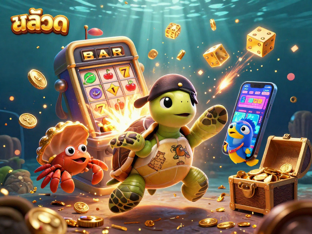 Engaging scene showcasing the excitement of สล็อต with a 3D pirate turtle amidst jackpots and casino thrills.