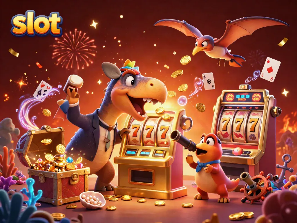 Slot machine pays out jackpot coins as dinosaur characters celebrate in a vibrant casino setting.