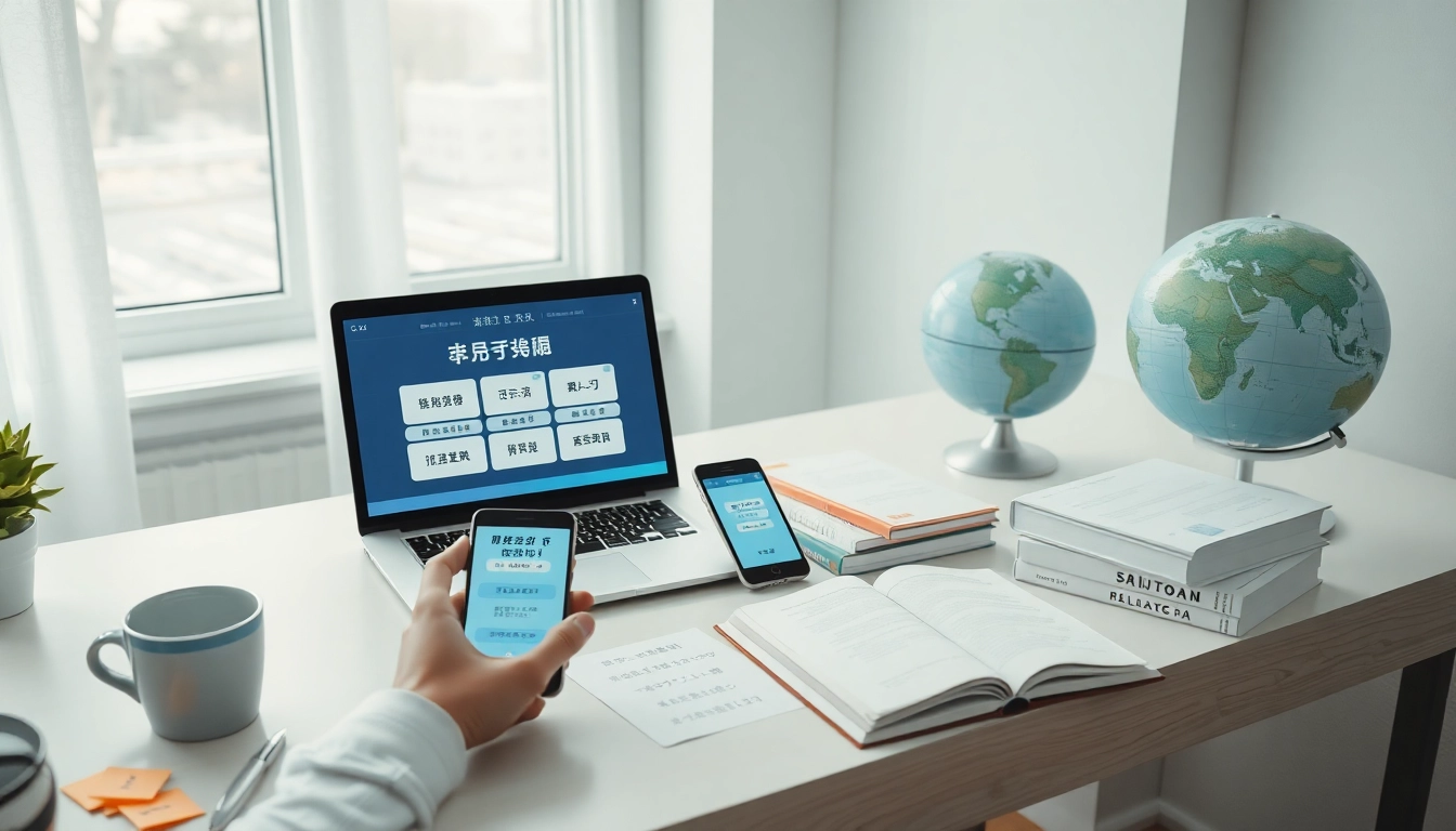 Youdao翻译's user-friendly interface showcased in a modern translation workspace with digital devices and language resources.